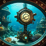 ** A steampunk-inspired underwater city, bioluminescent coral structures intertwined with brass gears and intricate clockwork mechanisms, glowing portholes revealing fantastical sea creatures, dramatic lighting.

**
