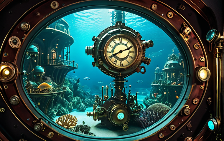 ** A steampunk-inspired underwater city, bioluminescent coral structures intertwined with brass gears and intricate clockwork mechanisms, glowing portholes revealing fantastical sea creatures, dramatic lighting.
**