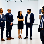 A diverse group of professional art enthusiasts, fully clothed in modern, modest business attire, admiring large, intricate AI-generated artworks displayed prominently in a contemporary, brightly lit art gallery. The gallery features clean lines and ambient lighting, highlighting the photorealistic quality and detailed textures of the art pieces. perfect anatomy, well-formed hands, proper finger count, natural body proportions, professional photography, high quality, safe for work, appropriate content, fully clothed, professional.