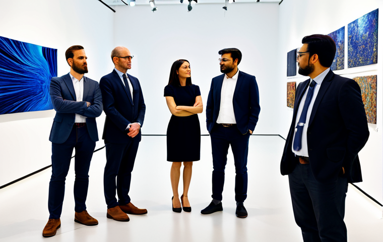 A diverse group of professional art enthusiasts, fully clothed in modern, modest business attire, admiring large, intricate AI-generated artworks displayed prominently in a contemporary, brightly lit art gallery. The gallery features clean lines and ambient lighting, highlighting the photorealistic quality and detailed textures of the art pieces. perfect anatomy, well-formed hands, proper finger count, natural body proportions, professional photography, high quality, safe for work, appropriate content, fully clothed, professional.