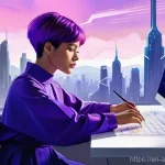 Home 2 AI 아트와 전통 예술의 차이점 - **Prompt:** A female artist, in her late 20s, with short, vibrant purple hair and wearing a comforta...