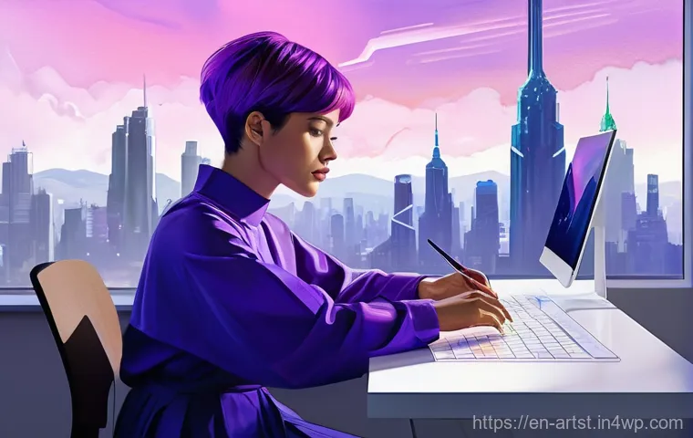 AI 아트와 전통 예술의 차이점 - **Prompt:** A female artist, in her late 20s, with short, vibrant purple hair and wearing a comforta...