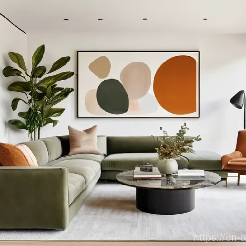 인공지능 아트의 개인화 트렌드 - **Prompt:** A serene, ultra-modern living room bathed in soft, natural light, featuring a large, per...