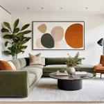 Home 7 인공지능 아트의 개인화 트렌드 - **Prompt:** A serene, ultra-modern living room bathed in soft, natural light, featuring a large, per...