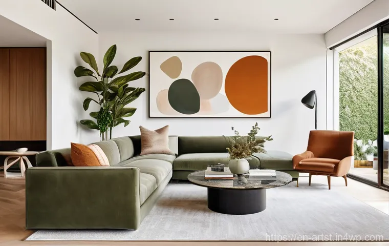 인공지능 아트의 개인화 트렌드 - **Prompt:** A serene, ultra-modern living room bathed in soft, natural light, featuring a large, per...