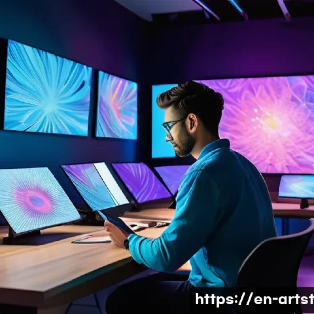 AI 아트 작품 판매 방법 - A sleek digital art studio environment showcasing an AI artist at work, surrounded by multiple high-...