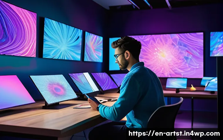 AI 아트 작품 판매 방법 - A sleek digital art studio environment showcasing an AI artist at work, surrounded by multiple high-...