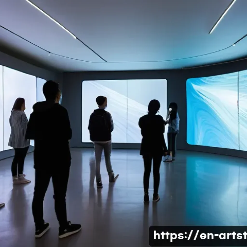 AI 아트와 인터랙티브 미디어 - A futuristic interactive art installation in a spacious modern gallery, featuring large digital canv...