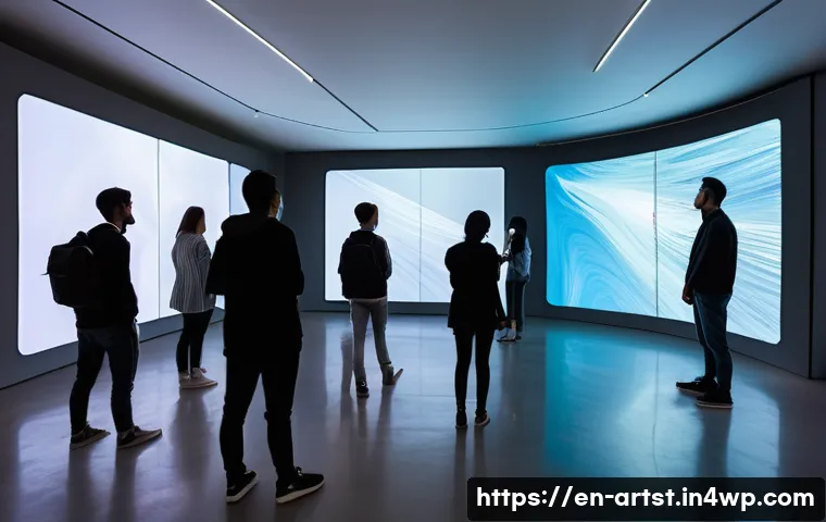 AI 아트와 인터랙티브 미디어 - A futuristic interactive art installation in a spacious modern gallery, featuring large digital canv...
