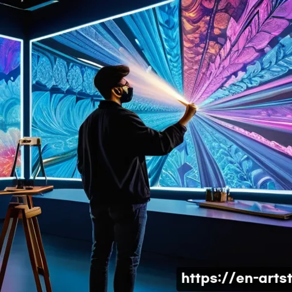 인공지능 아트의 크로스오버 프로젝트 - A futuristic art studio scene showing a human painter collaborating with an AI holographic assistant...