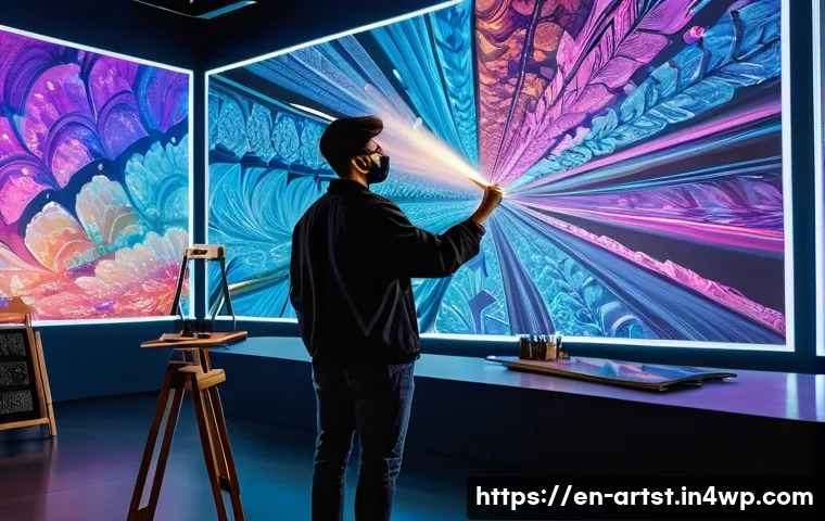 인공지능 아트의 크로스오버 프로젝트 - A futuristic art studio scene showing a human painter collaborating with an AI holographic assistant...