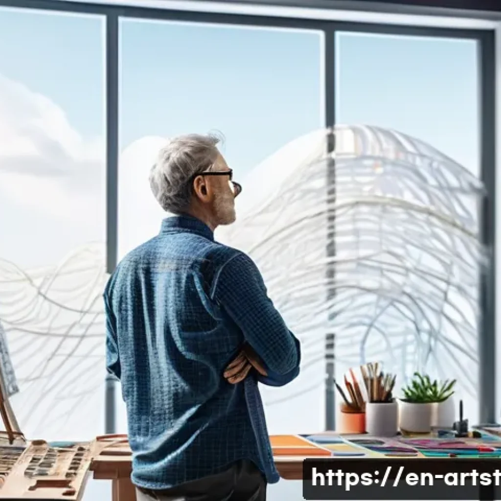 인공지능 아트의 인식론적 접근 - A futuristic artist’s studio blending human creativity and AI technology: a middle-aged human artist...