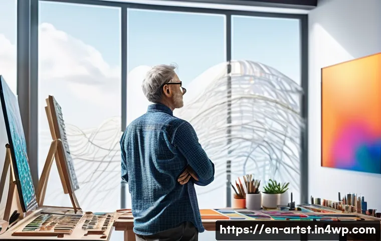 인공지능 아트의 인식론적 접근 - A futuristic artist’s studio blending human creativity and AI technology: a middle-aged human artist...