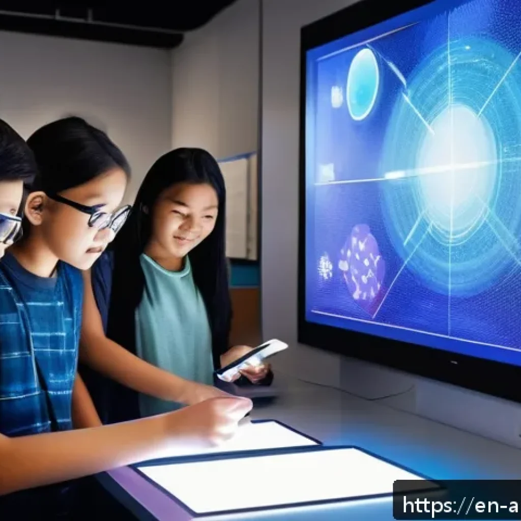AI 아트의 대중화 전략 - A vibrant digital art classroom scene showing diverse students collaborating around futuristic AI ar...