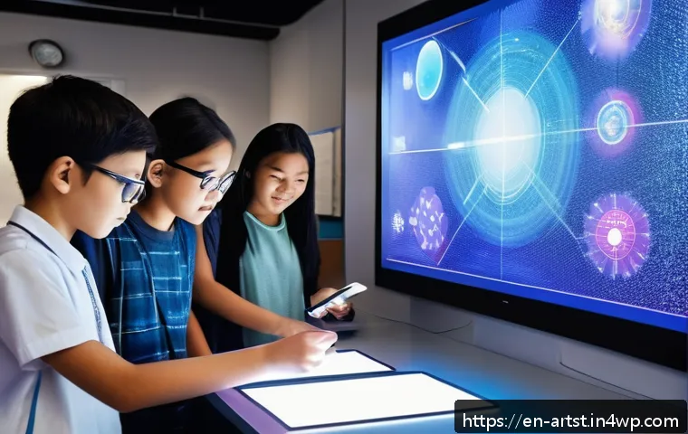 AI 아트의 대중화 전략 - A vibrant digital art classroom scene showing diverse students collaborating around futuristic AI ar...
