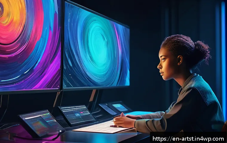AI 아트와 인간 감정의 연결 - A futuristic digital painting of a human artist collaborating with an AI holographic interface, surr...