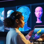 Home 19 인공지능 아트에 대한 대중의 인식 - A futuristic digital art studio scene showing a diverse group of artists collaborating with AI techn...