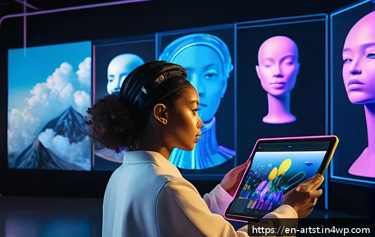 인공지능 아트에 대한 대중의 인식 - A futuristic digital art studio scene showing a diverse group of artists collaborating with AI techn...