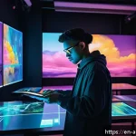 Home 18 AI 아트와 클라우드 기술의 융합 - A futuristic digital art studio scene showing an artist collaborating with an AI interface on a larg...