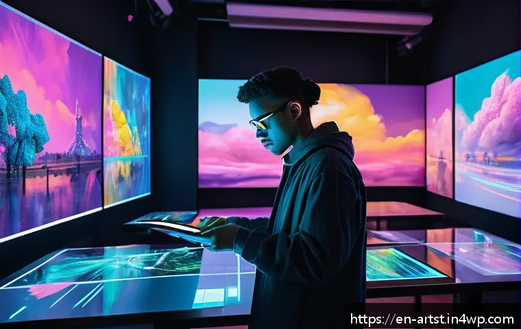 AI 아트와 클라우드 기술의 융합 - A futuristic digital art studio scene showing an artist collaborating with an AI interface on a larg...