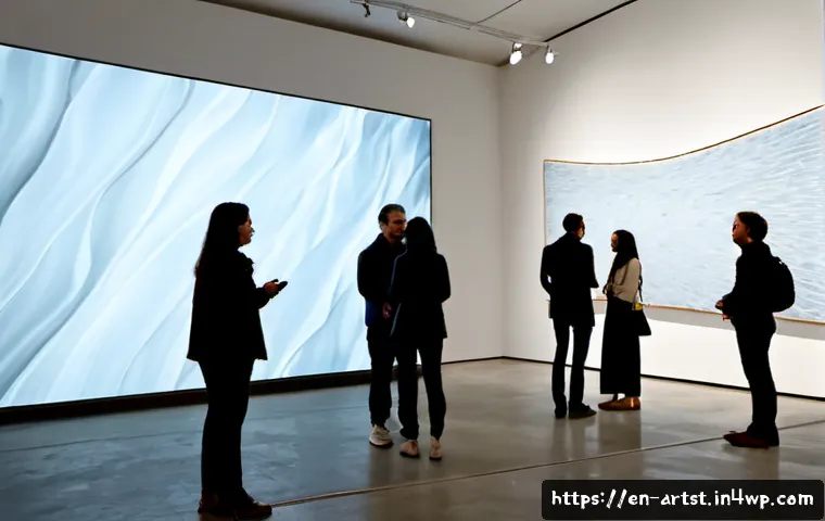 Home 17 AI 아트와 문화의 융합 - Photorealistic contemporary art gallery in New York City, a diverse group of adult visitors admiring...