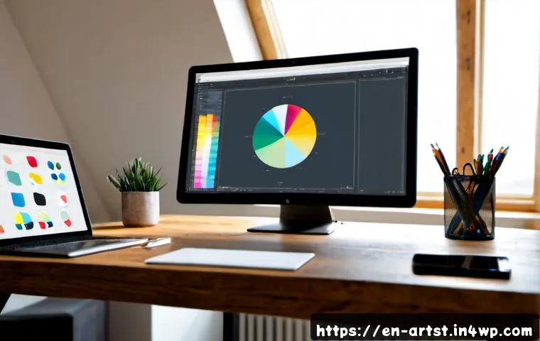 Home 17 AI 아트의 그래픽 디자인 활용 - Photorealistic creative studio scene, a graphic designer at a clean wooden desk using a large monito...