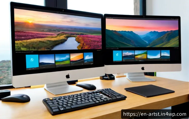Home 17 AI 아트 소프트웨어 추천 - Photorealistic home office scene, a middle-aged creative professional comparing two AI art software ...